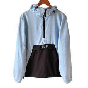 Huf Quarter Zip Hooded Blue Black Colorblock Windbreaker Men's Size Large